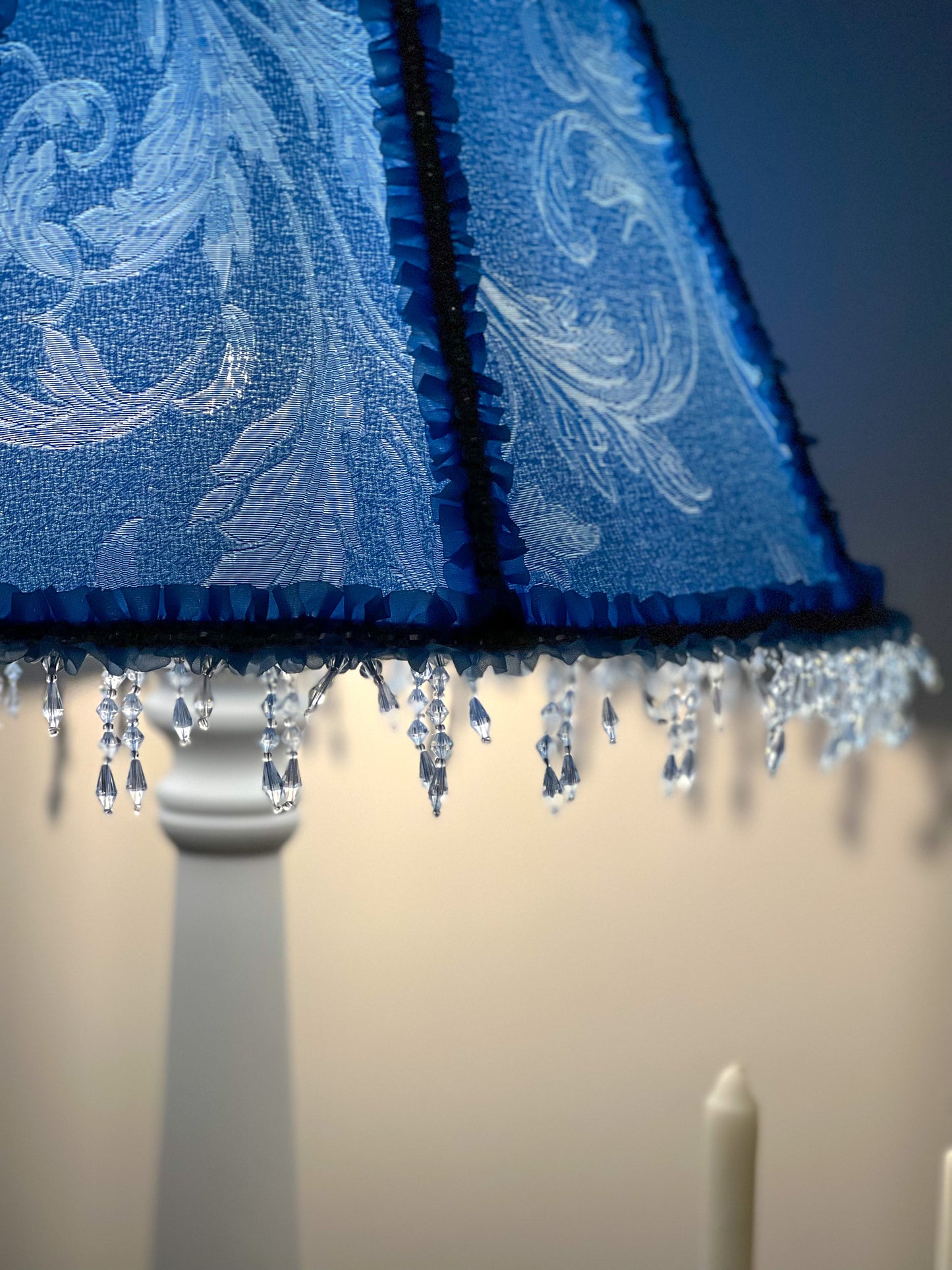 Blue fabric lampshade with beaded fringe. A unique lampshade in Victorian style. 3812