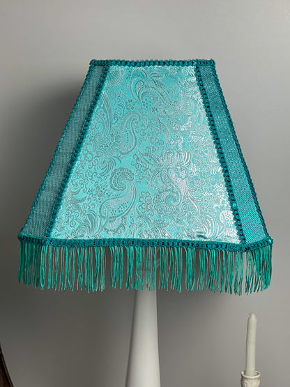Fabric lampshade in turquoise color with sequins and fringe. Art deco styles. 3402