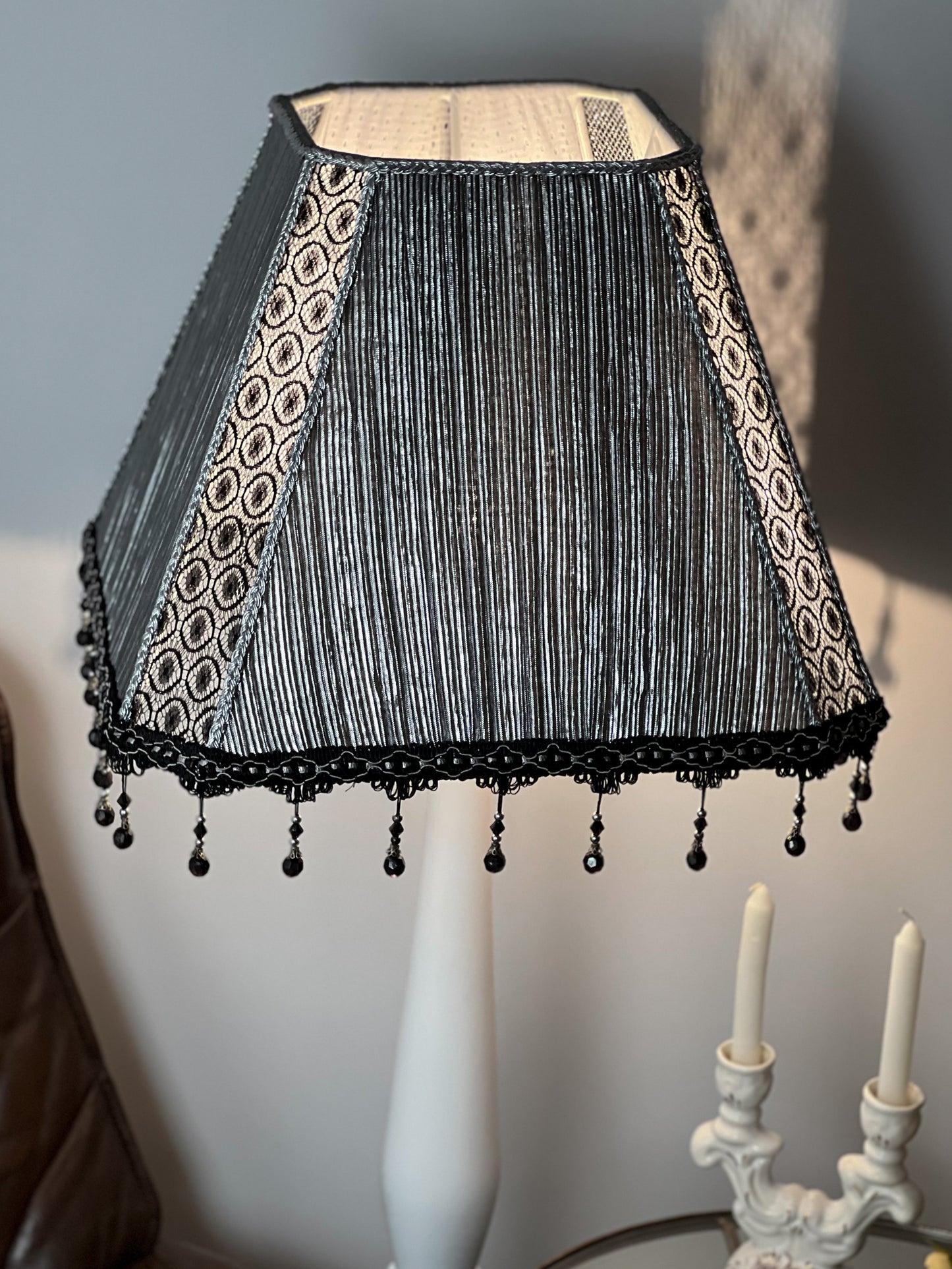 Silver fabric lampshade for a unique floor lamp, for an original interior. № 3401