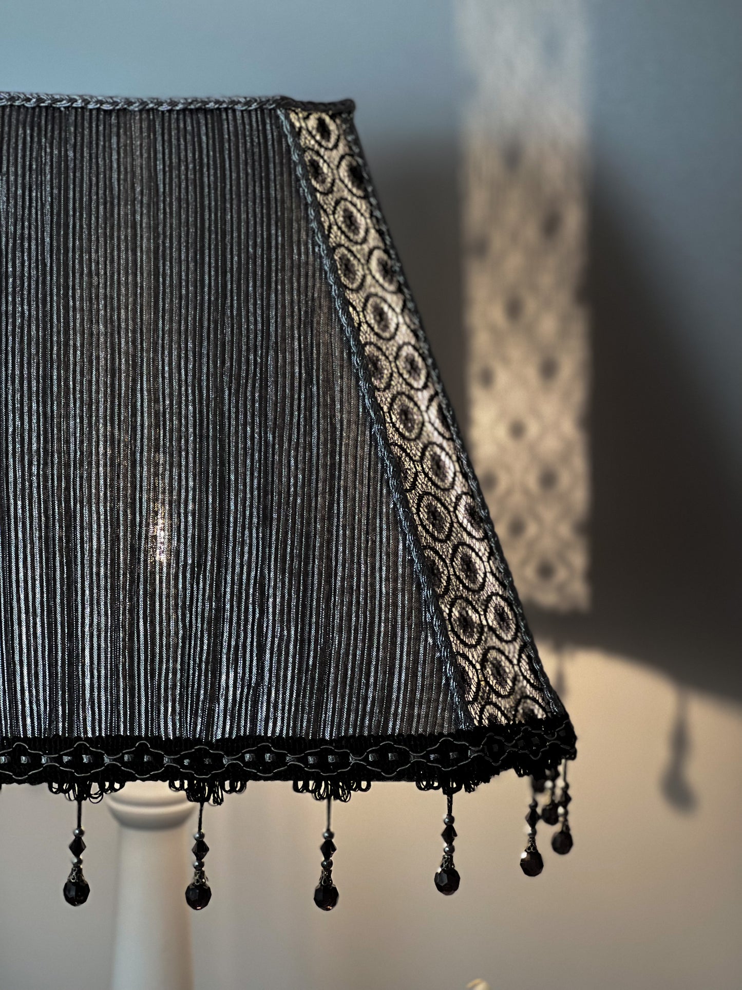 Silver fabric lampshade for a unique floor lamp, for an original interior. № 3401