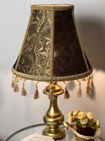 Relief lampshade of golden brown color in Victorian style with fringe. PRODUCT TO ORDER. 0205