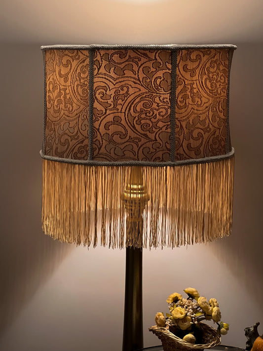 Beige fabric lampshade with fringe and vintage pattern for an original floor lamp. Handmade. № 6902