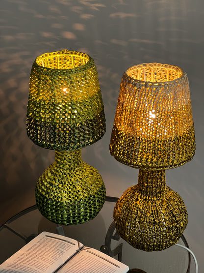 Crochet table lamp with lace accents and amber beads. PRODUCT TO ORDER. 4301