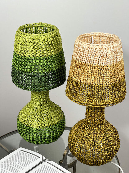 Table bedside lamp. Wicker brown and olive table lamp with handmade shade - vintage 60s decor. 4303