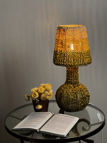 Table bedside lamp. Wicker brown and olive table lamp with handmade shade - vintage 60s decor. 4303