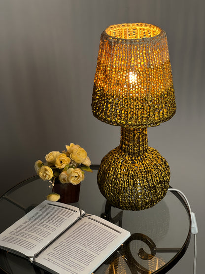 Table bedside lamp. Wicker brown and olive table lamp with handmade shade - vintage 60s decor. 4303