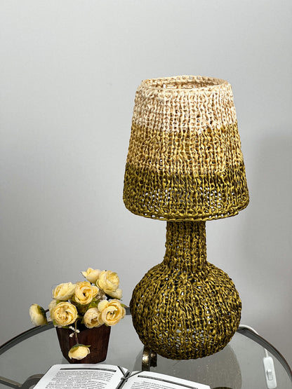 Table bedside lamp. Wicker brown and olive table lamp with handmade shade - vintage 60s decor. 4303