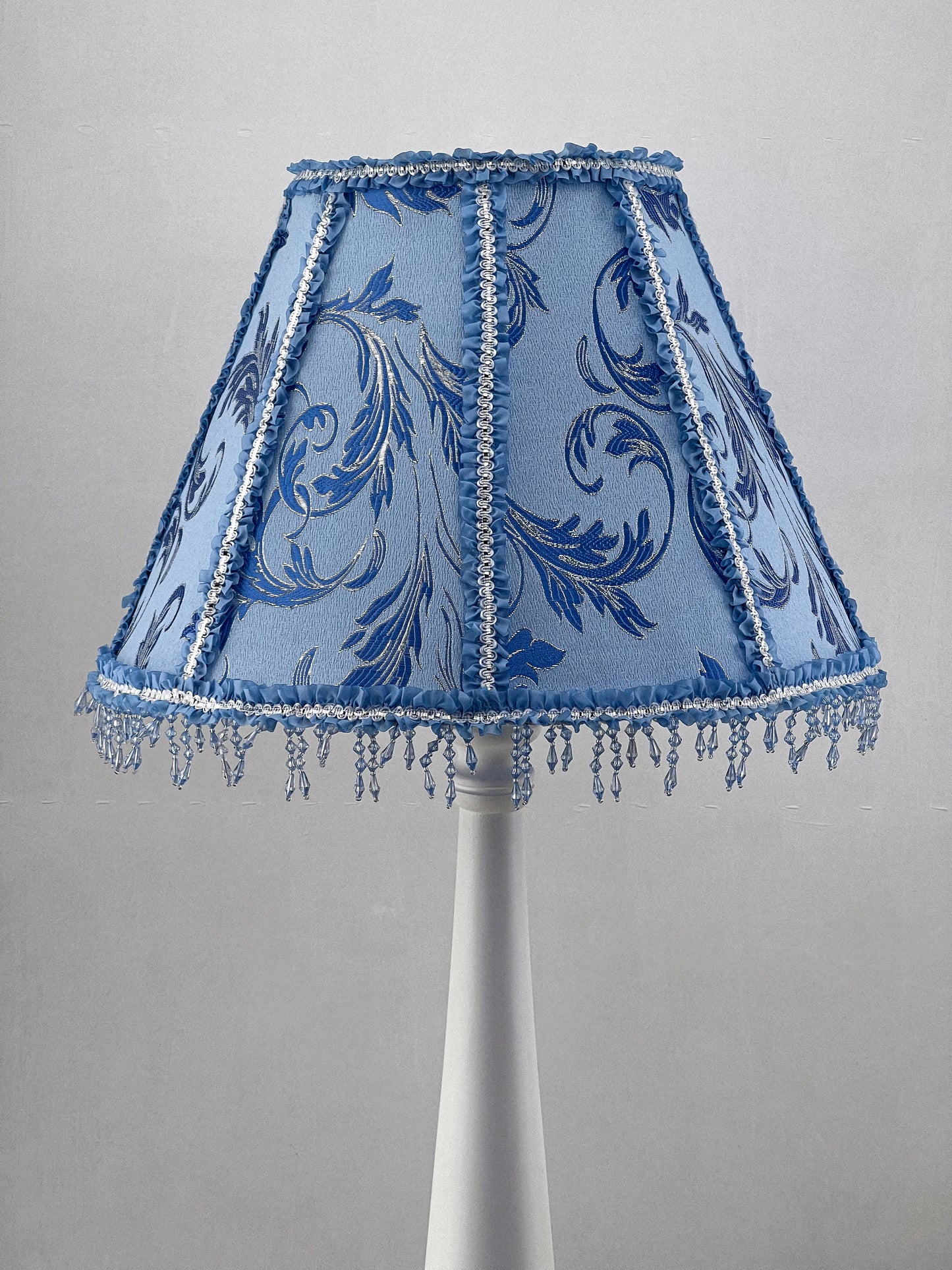 Blue fabric lampshade with beaded fringe. A unique lampshade in Victorian style. 3812