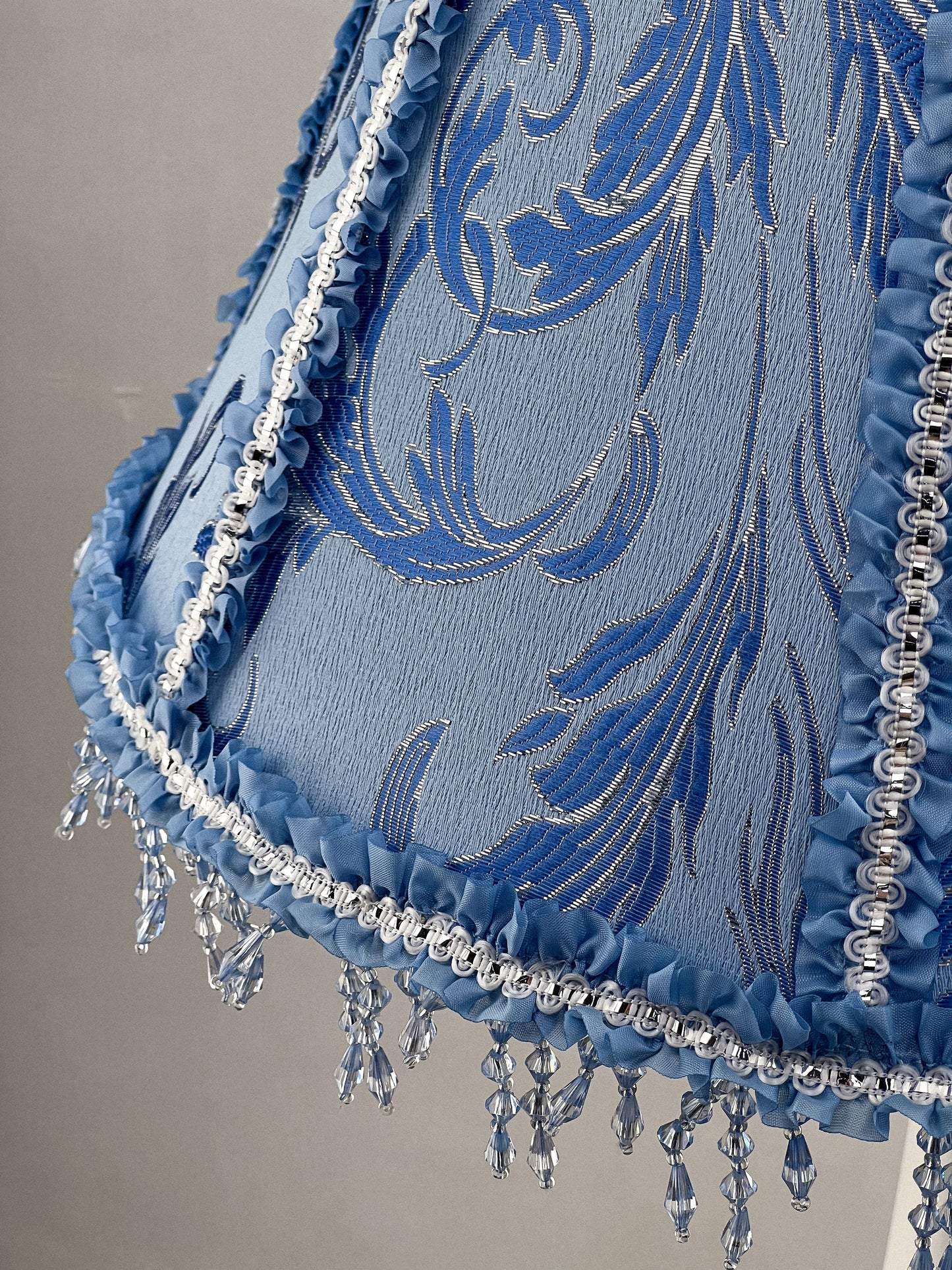 Blue fabric lampshade with beaded fringe. A unique lampshade in Victorian style. 3812