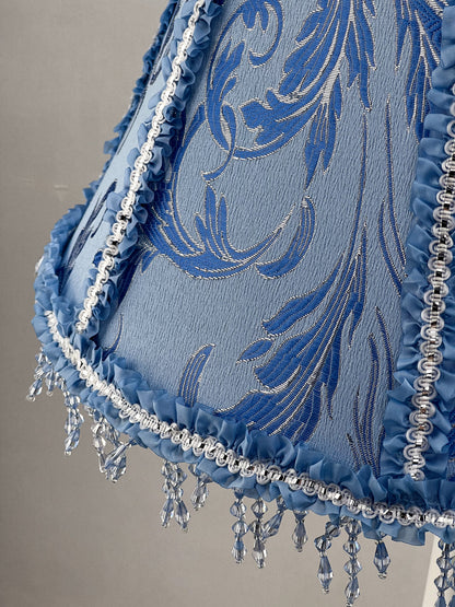 Blue fabric lampshade with beaded fringe. A unique lampshade in Victorian style. 3812