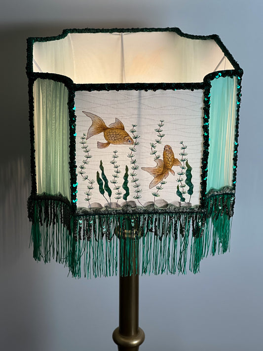 Artistic turquoise lampshade with handmade fish pattern for floor lamps. № 2805