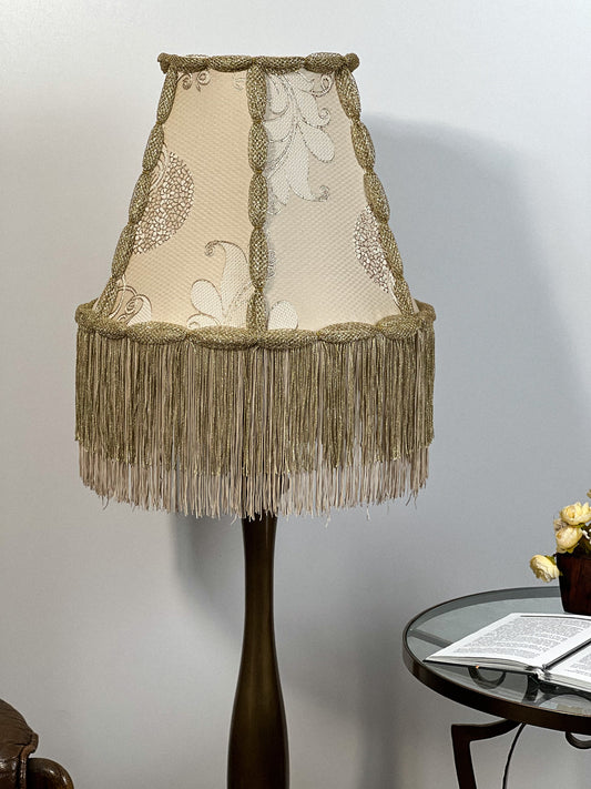 Beige and gold handmade lampshade with fringe for lamps. № 0502