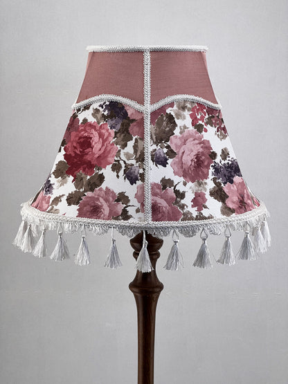 Handmade Victorian silk lampshade, floral print, fringe, cozy decor. № 3601
