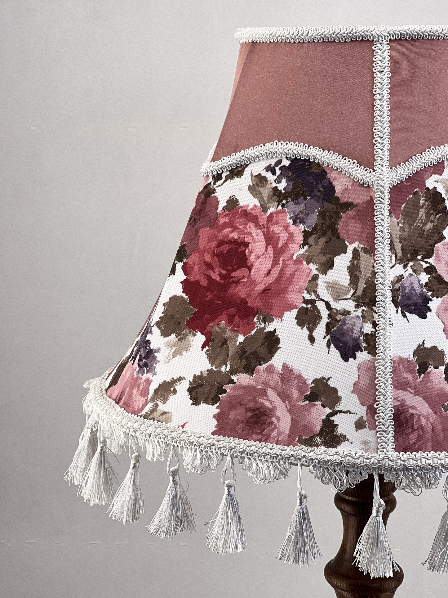 Handmade Victorian silk lampshade, floral print, fringe, cozy decor. № 3601