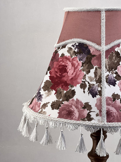 Handmade Victorian silk lampshade, floral print, fringe, cozy decor. № 3601