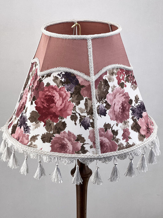 Handmade Victorian silk lampshade, floral print, fringe, cozy decor. № 3601