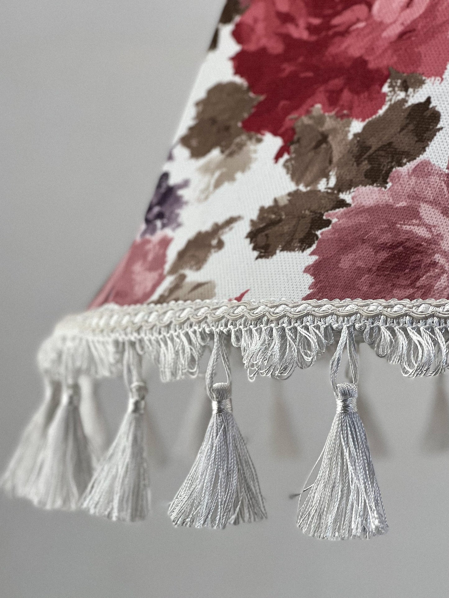 Handmade Victorian silk lampshade, floral print, fringe, cozy decor. № 3601