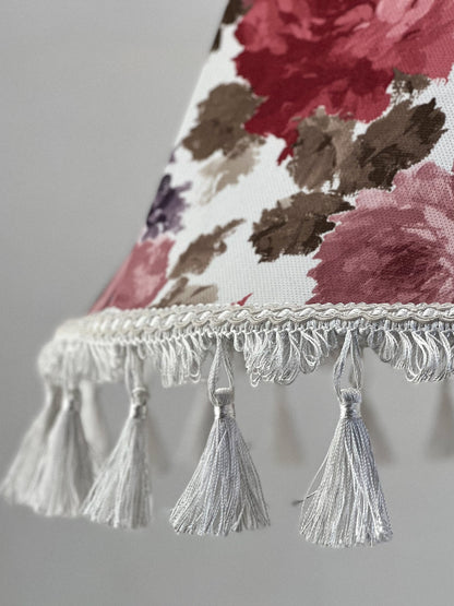 Handmade Victorian silk lampshade, floral print, fringe, cozy decor. № 3601