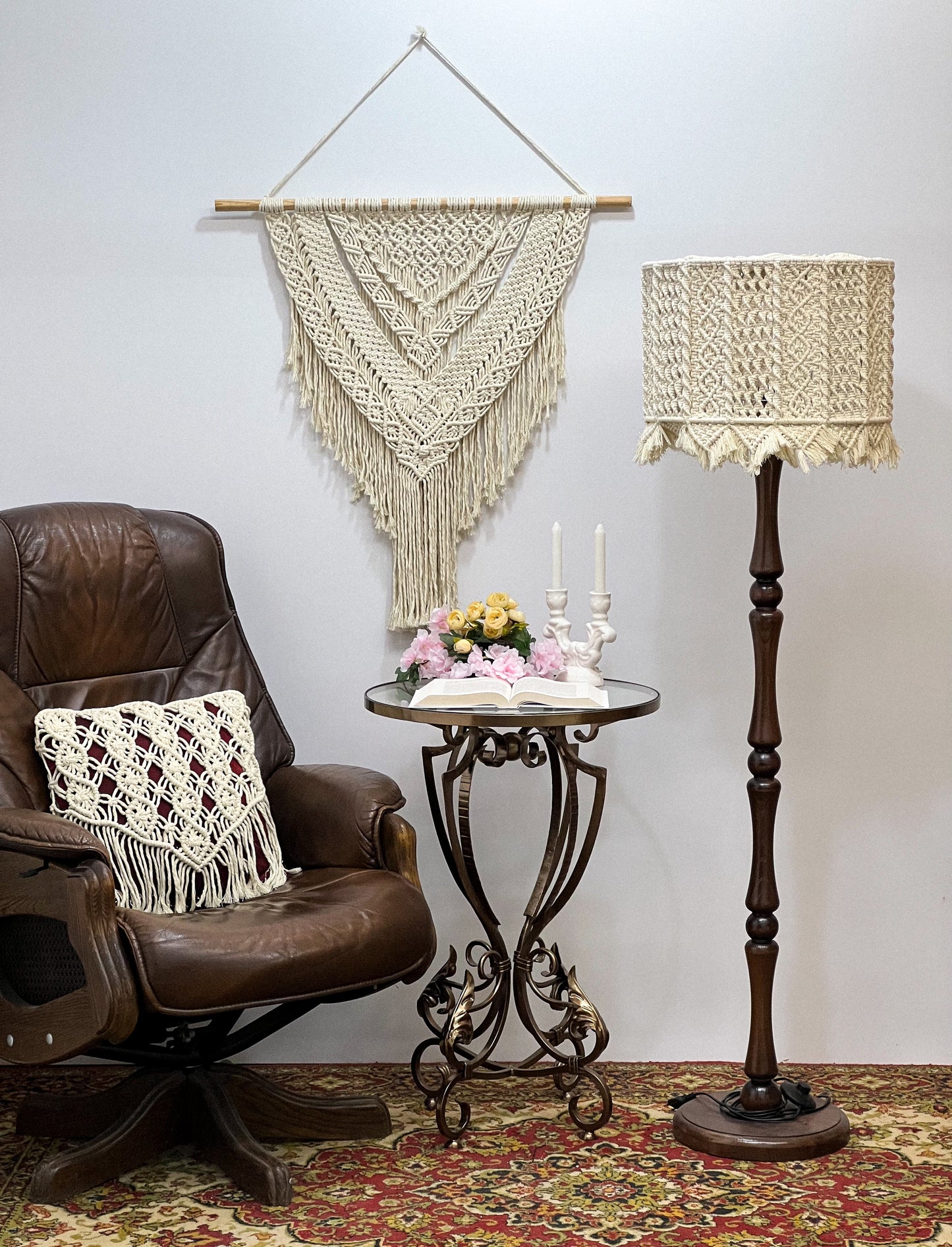 Lampshade. Boho macrame collection in milky white: Wall panel.
