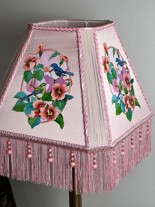 Pink lampshade with artistic painting and beaded fringe. Handmade. № 3404