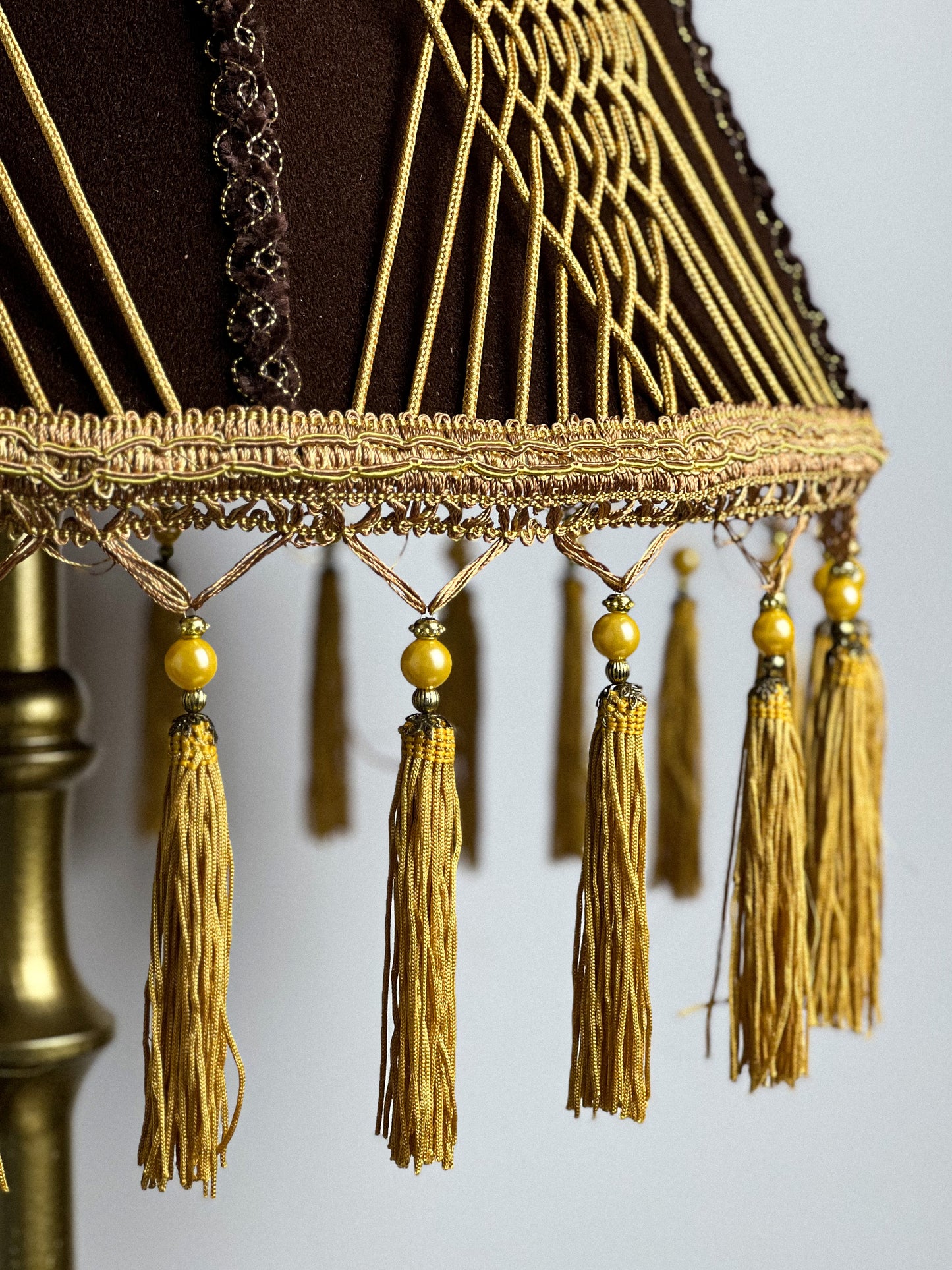 Lampshade. Brown Fringed Lampshade with Victorian and Retro Touche