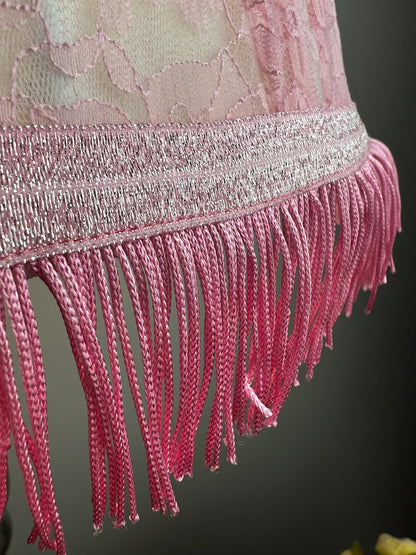 Pink Fringed Lampshade, Vintage Romantic Lighting for Night Light or Bedside Lamp. 6201