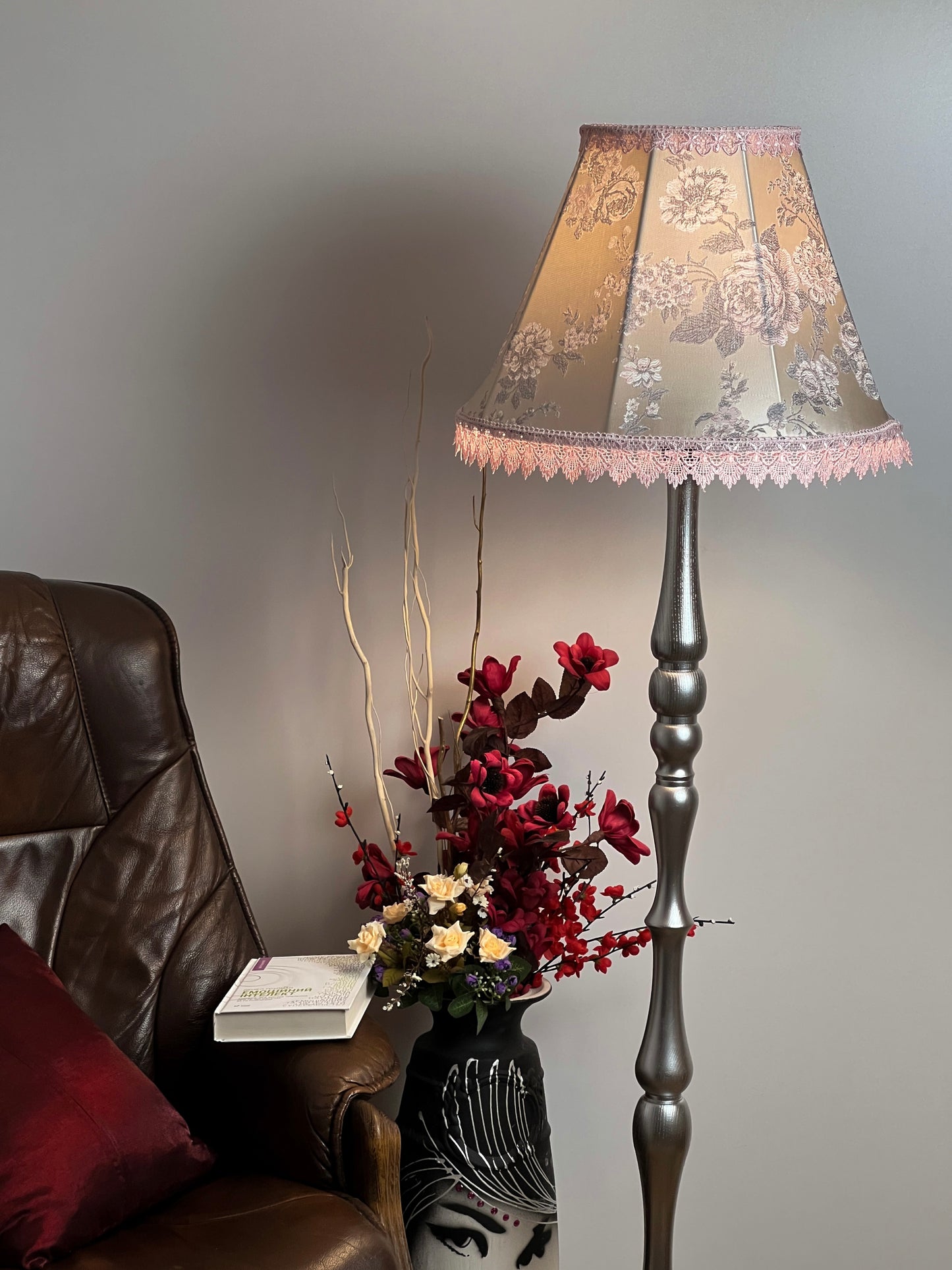 Lampshade with floral print, handmade pink fabric lampshade for an original interior. № 1113