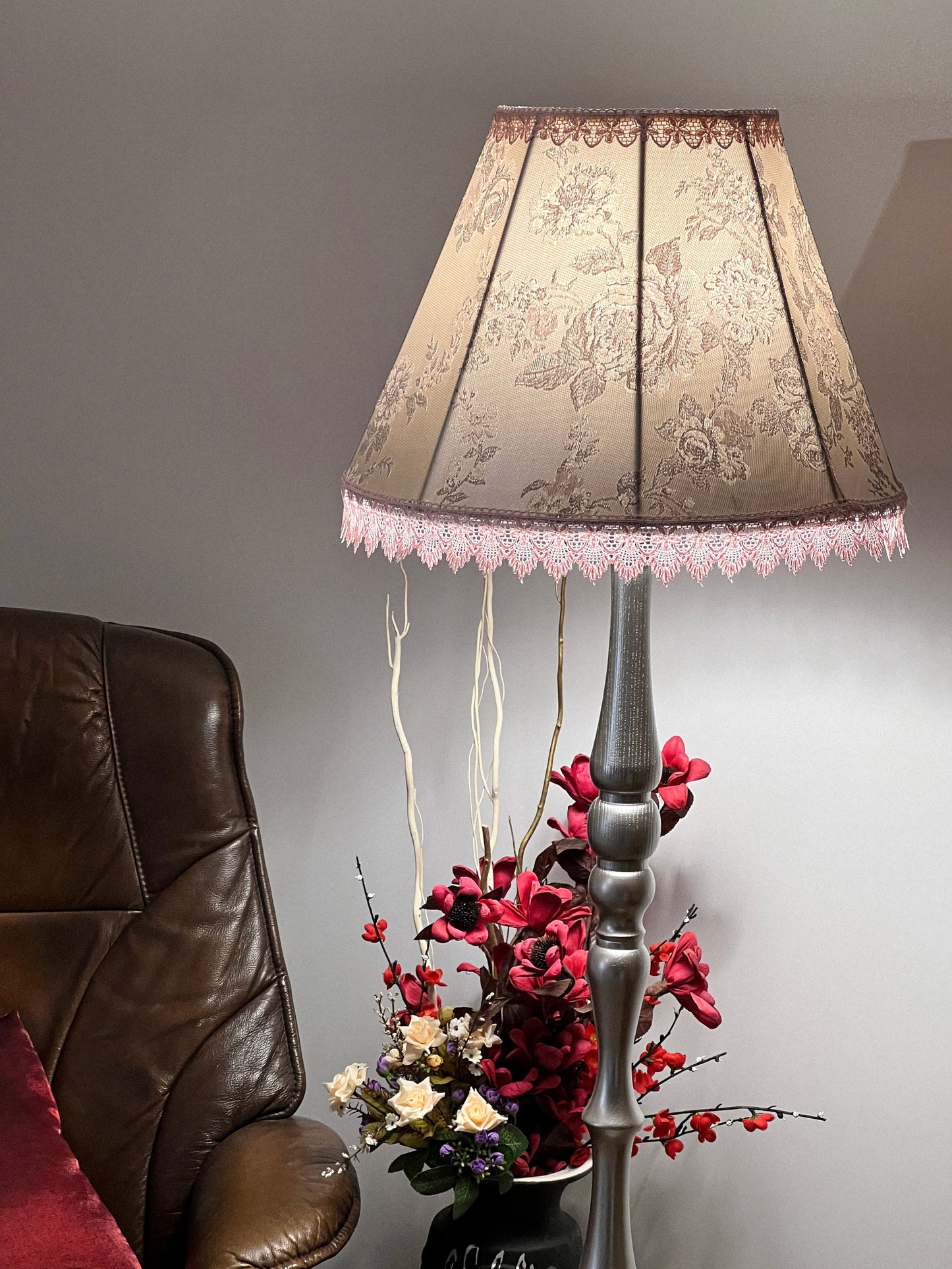 Lampshade with floral print, handmade pink fabric lampshade for an original interior. № 1113