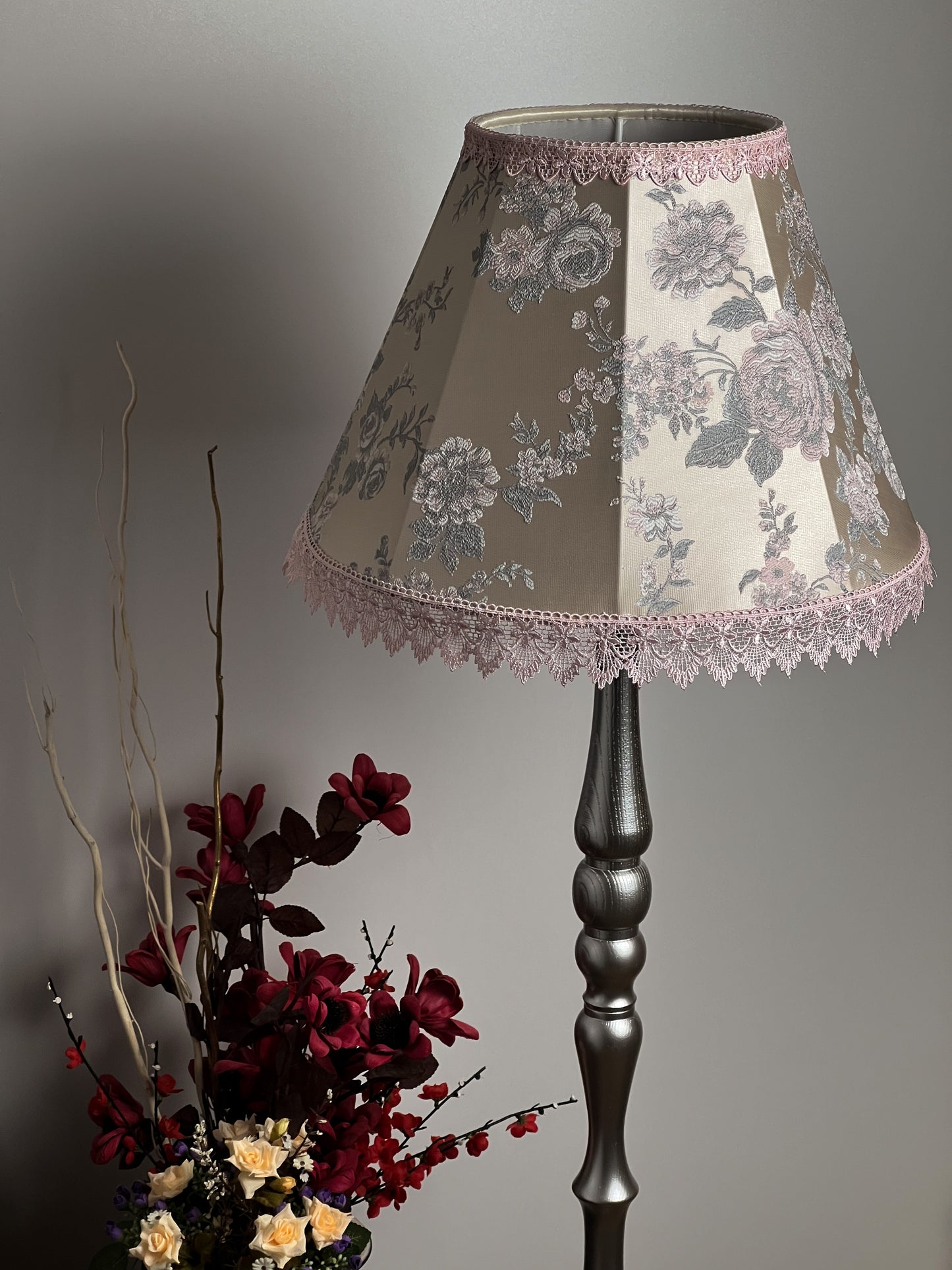 Lampshade with floral print, handmade pink fabric lampshade for an original interior. № 1113