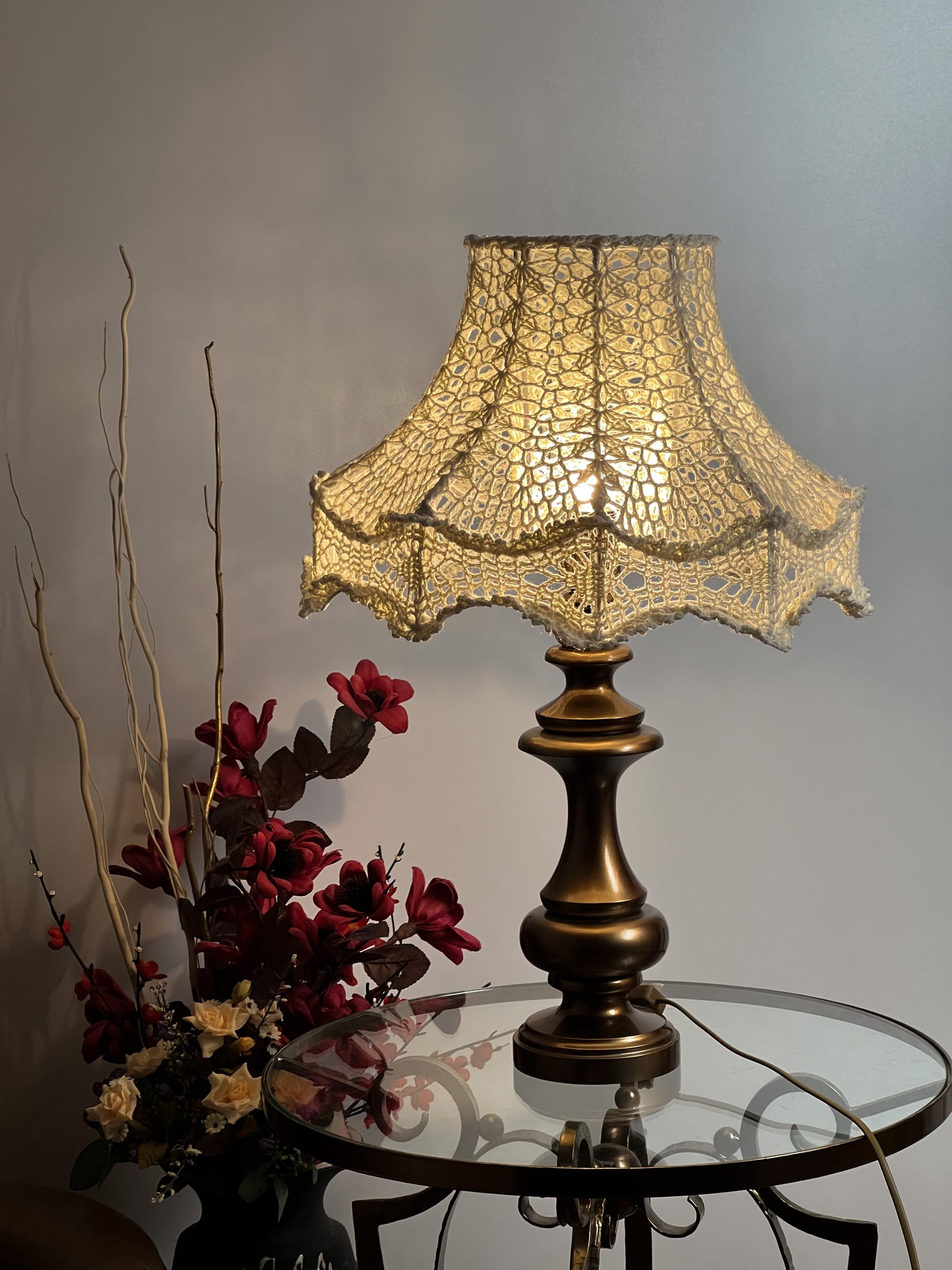 Bedside table lamp with a white knitted lampshade, handmade, for an original interior. № 1301