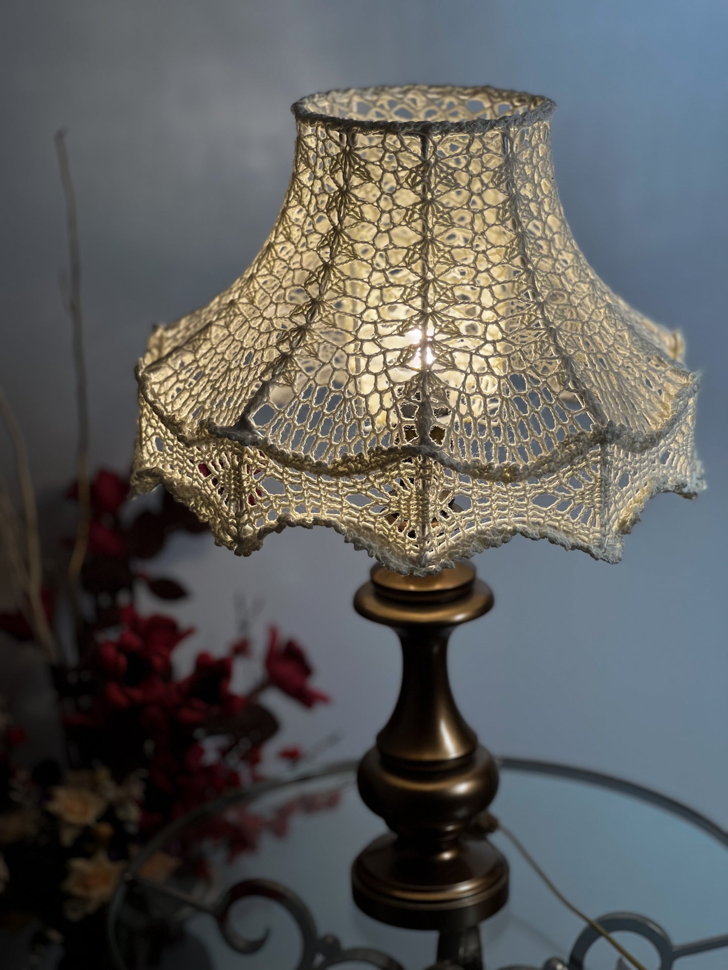 Bedside table lamp with a white knitted lampshade, handmade, for an original interior. № 1301