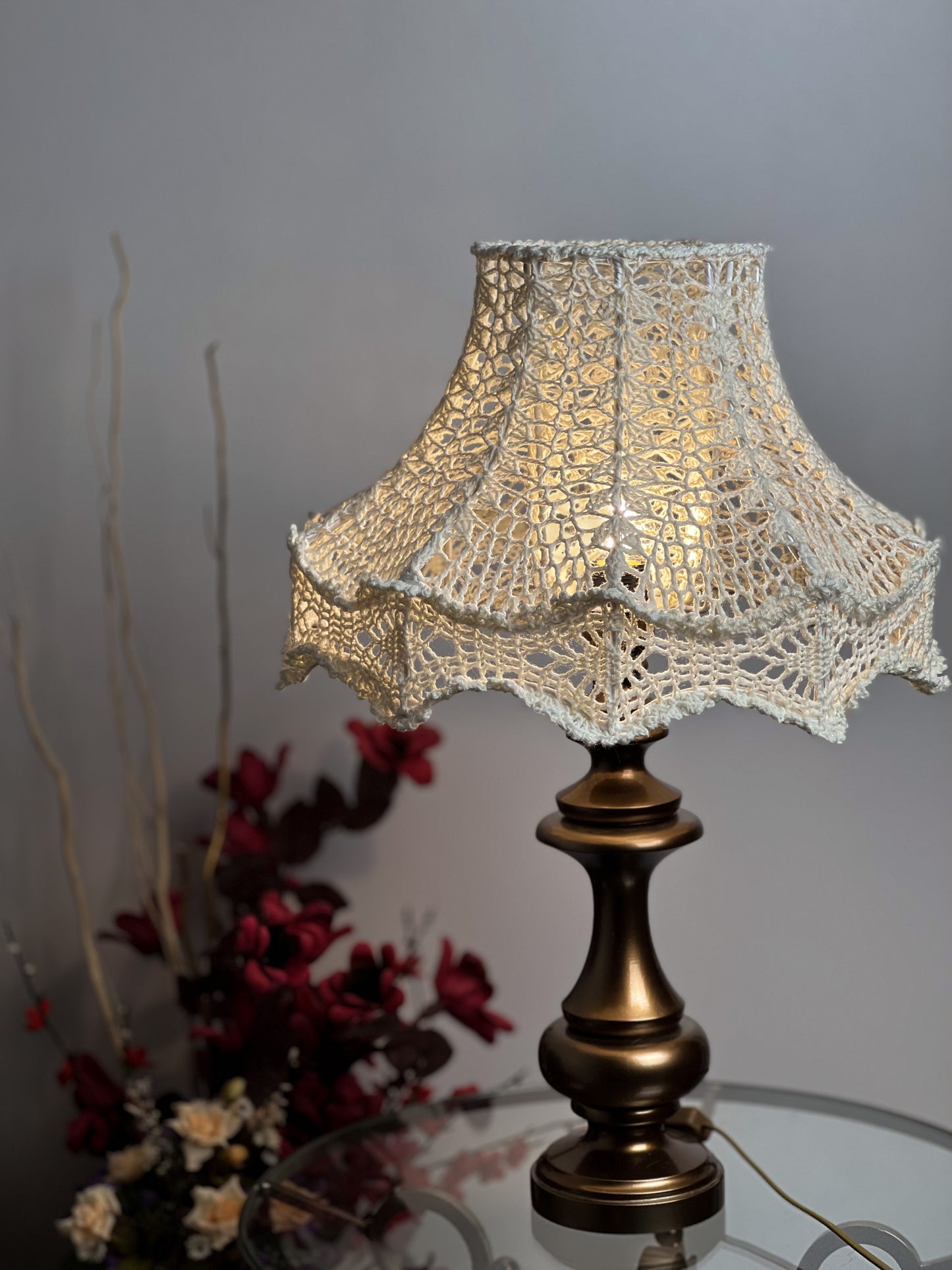 Bedside table lamp with a white knitted lampshade, handmade, for an original interior. № 1301