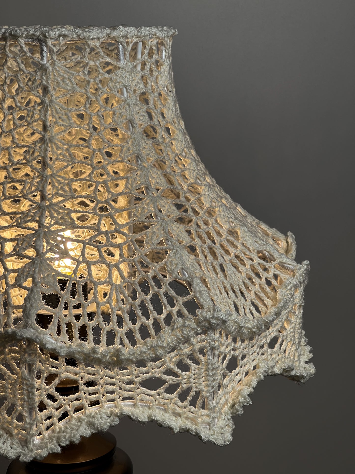 Bedside table lamp with a white knitted lampshade, handmade, for an original interior. № 1301