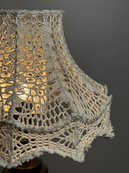 Bedside table lamp with a white knitted lampshade, handmade, for an original interior. № 1301