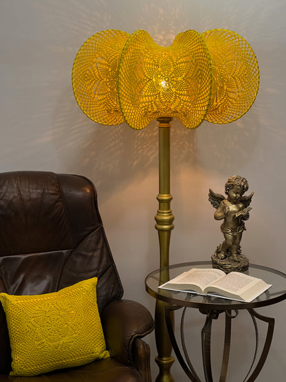 Lampshade for a lamp. A set of a knitted bright yellow lampshade and a pillow. 2204