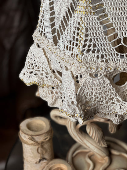 Victorian crochet table lamp with artistic wrought iron base