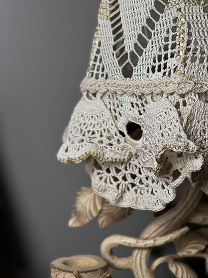 Victorian crochet table lamp with artistic wrought iron base