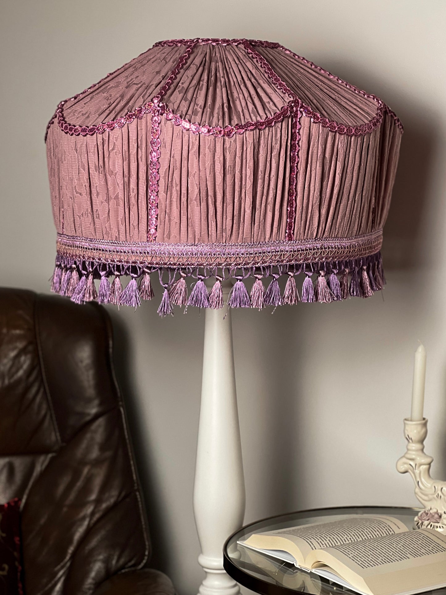 Lampshade. Large lilac lampshade with handmade fringe. 1703