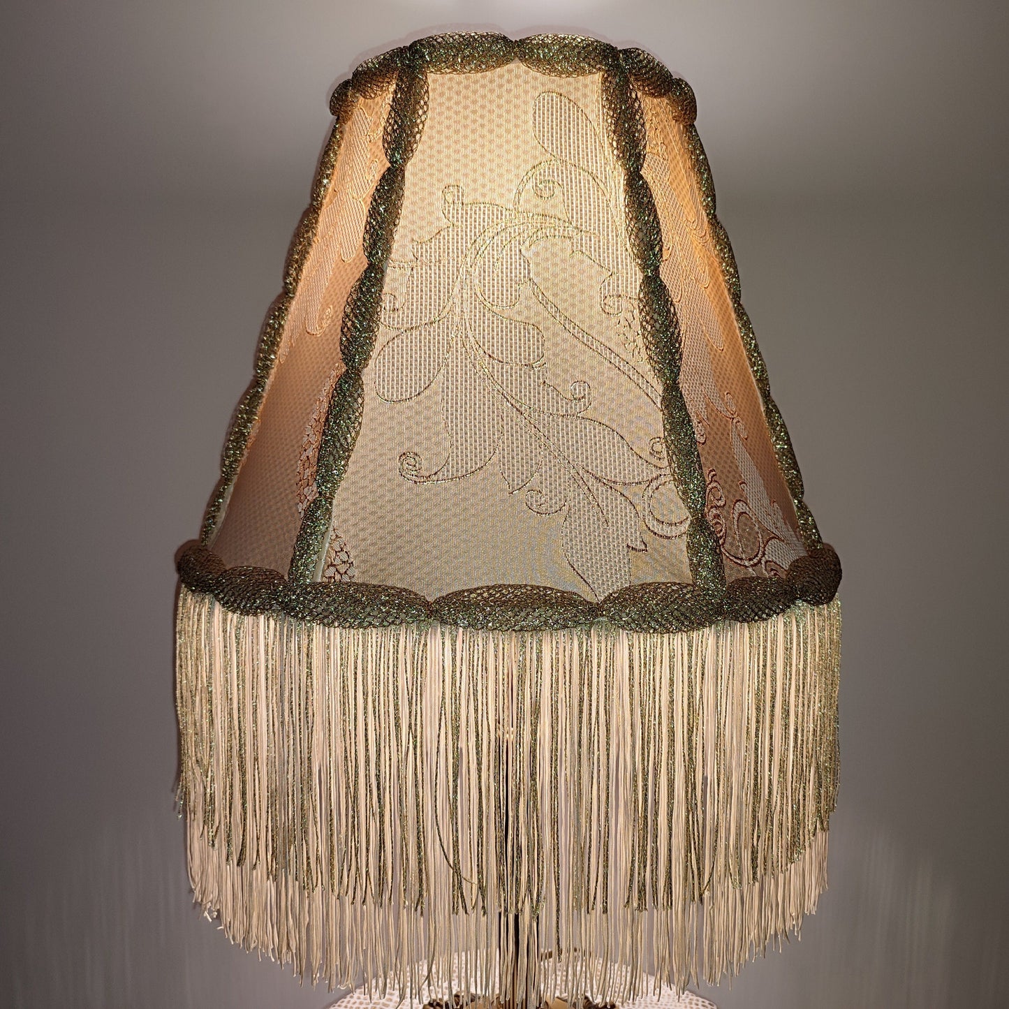 Lampshade, an elegant table lamp shade with golden fringe in a vintage style for classic home decor. 0502