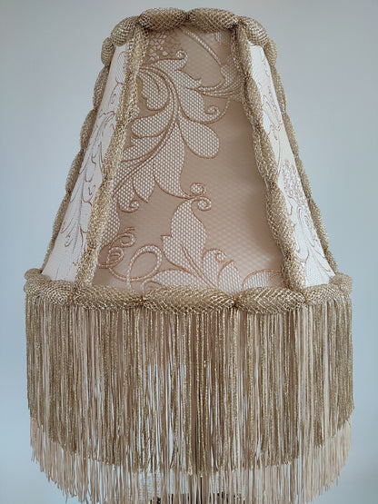 Lampshade, an elegant table lamp shade with golden fringe in a vintage style for classic home decor. 0502