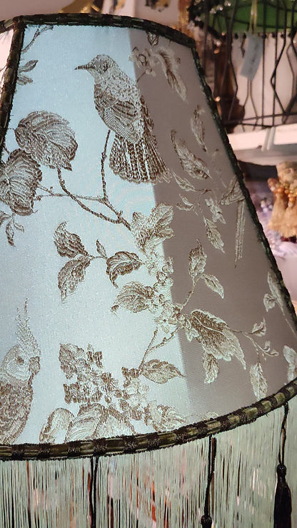 Victorian Lampshade Silvery Mother-of-Pearl Fabric with Long Thick Fringe. № 1104