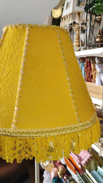 A handmade yellow floor lamp decorated with sequins and beads. № 1114