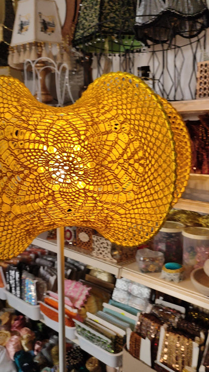 Handmade Yellow Macrame Lampshade: Unique Floor Lamp Lighting. № 2204