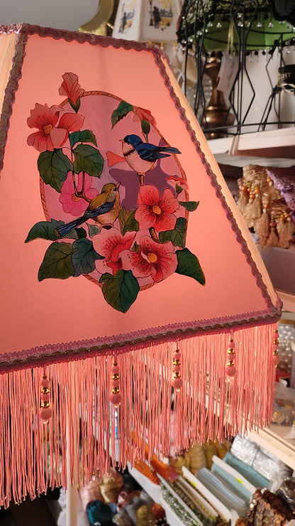 Pink lampshade with artistic painting and beaded fringe. Handmade. № 3404