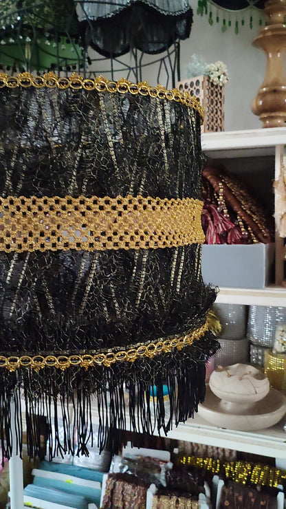 Black and gold lace lampshade with fringe for a floor lamp. № 2901