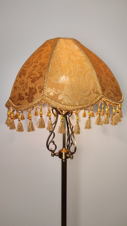 Handmade Brass Floor Lamp, Silk Lampshade with Floral Pattern, Tassel Fringe. № 2602м