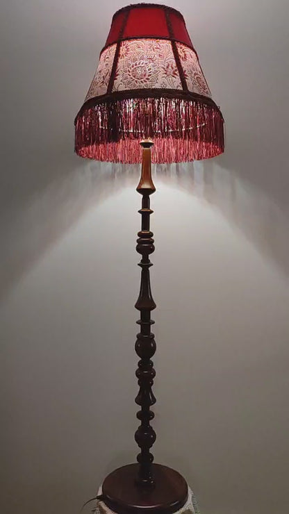 Floor lamp,  Elegant Vintage-Inspired Floor Lamp with Rich Ruby Shade, Delicate Floral Embroidery & Luxurious Fringe Details on a Sculpted Wooden Base. 3104