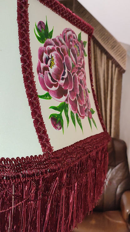 Fabric lampshade with painted peonies fringed lampshade. № 5304