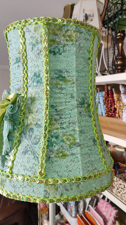 Handmade green lampshade with a bow and floral. № 0401