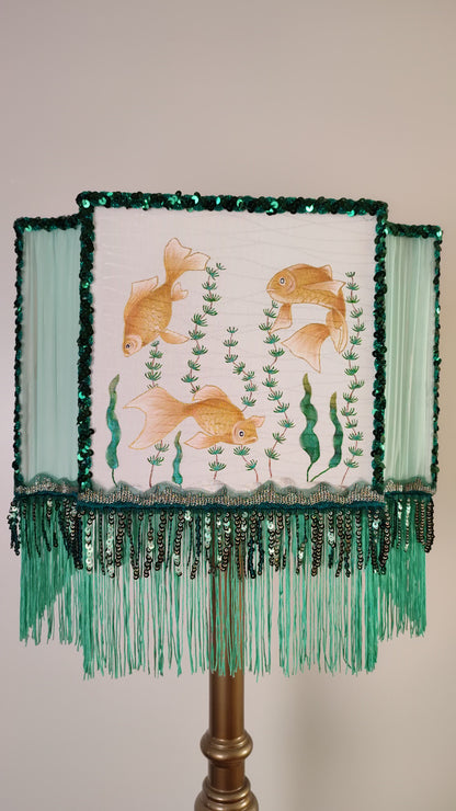 Artistic turquoise lampshade with handmade fish pattern for floor lamps. № 2805